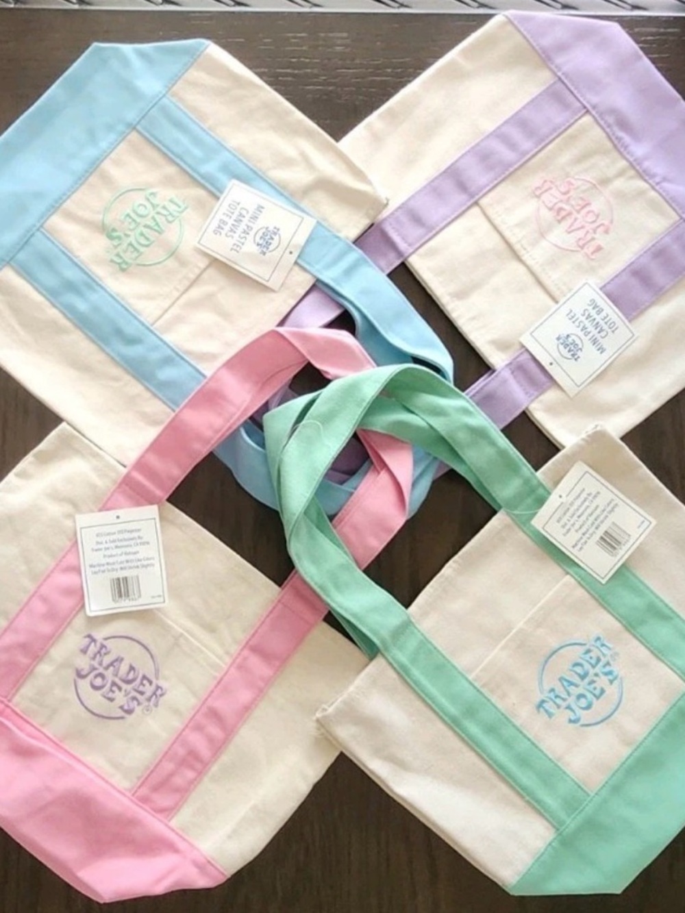Trader Joe's Pastel Mini Tote Bag - Cream with Pink/Blue/Green/Lavender Trim